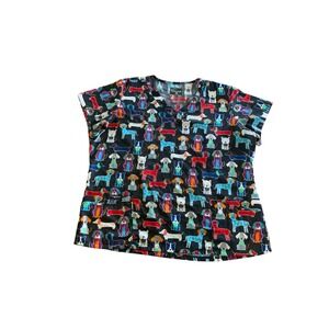 Butter-Soft Scrub Top XL Womens V-Neck Colorful Dog Print Short Sleeve Pockets